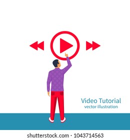 Video tutorial icon. Media marketing concept. Video conference, webinar, streaming. Vector illustration flat style design. Young modern man clicks a button. Connect player sign. Elearning on distance