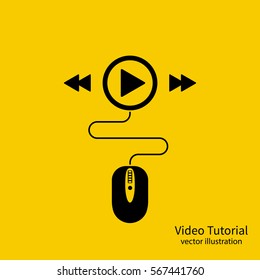 Icono de tutorial de vídeo. Concepto de marketing de medios. Videoconferencia, seminario web, streaming. Diseño plano de ilustración vectorial. El ratón se conecta al signo del jugador. Aprendiendo a distancia.