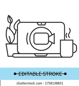 Video tutorial icon. Online webinar or training course concept. Digital business and education. Laptop computer with camera sign. Remote elearning. Home work. Thin line editable vector illustration