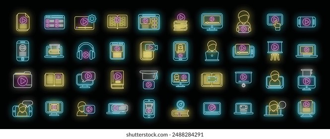 Video tutorial icons set outline vector. Online stream. Audio movie neon color on black