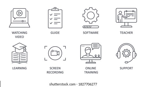 Video Tutorial Line Icons. Vector Set Editable Stroke. Learning Lesson Watching Video Guide. Software Screen Recording Teacher Online Training Support