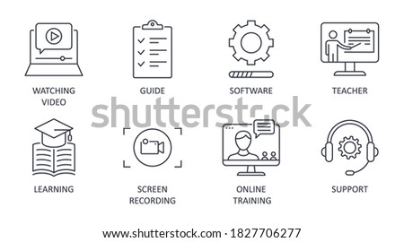 Video tutorial line icons. Vector set editable stroke. Learning lesson watching video guide. Software screen recording teacher online training support