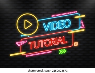 Video-Tutorial Neon Symbol auf blauem Hintergrund. Video-Tutorial-Banner.