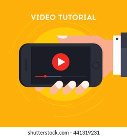 Video tutorial on mobile phone vector illustration. Study and learning by watching videos on smartphone. Distance education on cellphone with video player on the screen. Vector illustration