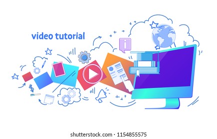 Video tutorial online education business concept template web horizontal banner isolated copy space vector illustration