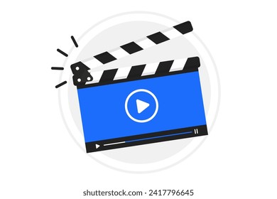 Video tutorial. Online video tutorial player icon. Media player for webinar training education tutorial. Video editor or film production. Clapperboard with online video player. Vector illustration