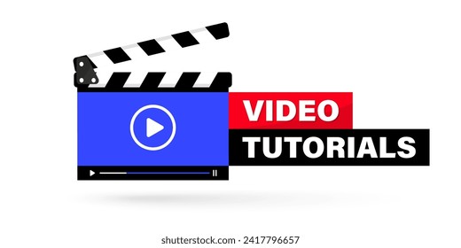 Video tutorial. Online video tutorial player icon. Media player for webinar training education tutorial. Video editor or film production. Clapperboard with online video player. Vector illustration