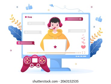 Video Tutorial Service or Professional Gamer Online Platform. Man using Headset while Playing Game During Live Streaming. Background Vector Illustration
