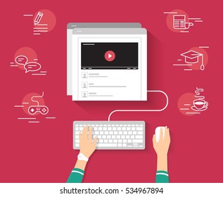 Video tutorial streaming isolated on red background. Elearning and video blogging concept illustration of female hands using browser and keyboard searching video tutorial or vlog for distance learning