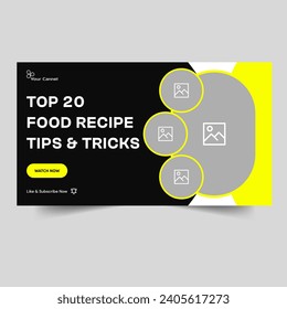 Video tutorial tips and tricks banner design, food recipe vlog thumbnail banner design, editable vector eps 10 file format