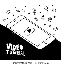Video tutorial vector hand drawn illustration. Smartphone with play button marker sketch. E-mail, search, like doodle icons. Cartoon lettering. Video streaming, vlog, blog. Black and white drawing