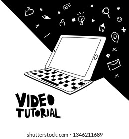 Video tutorial vector hand drawn lettering. Detachable tablet with keyboard sketch. Video streaming, vlogging poster concept. E-mail, search, like doodle icons. Black and white drawing