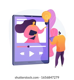 Video Tutorial Watching. Online Lecture, Internet Course, Digital Lesson. Tutor Cartoon Character. Video Call, Seminar, Remote Education. Vector Isolated Concept Metaphor Illustration.