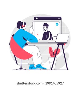 Video tutorial web concept. Woman watching webinar or video courses. Online education people scene. Flat characters design for website. Vector illustration for social media promotional materials