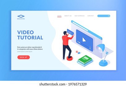 Video tutorial website banner template. Web page template with male cartoon character learning online through convenient service of video tutorial. Isometric vector illustration
