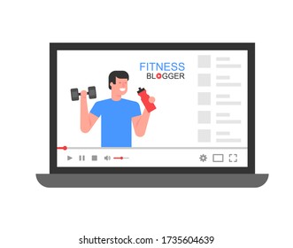 Video tutorials. Athletic man blogger on video screen. Social media marketing. flat style. isolated on white background