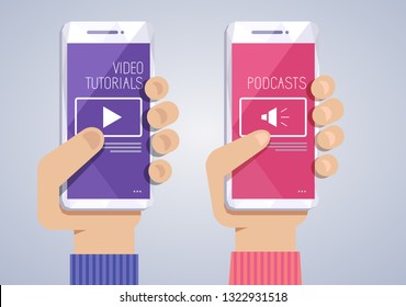 Video tutorials and audio podcasts concept. Smartphone with human hand on gray background. Online education on mobile phone. Webinar, distance learning, apps