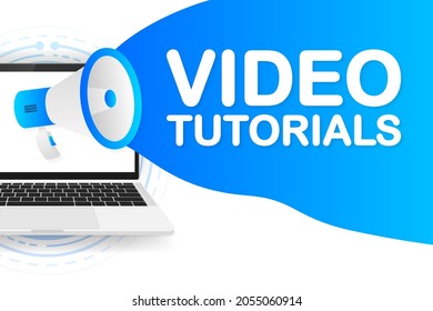 Video Tutorials banner template. Marketing flyer with megaphone. Template for retail promotion and announcement. Vector illustration.