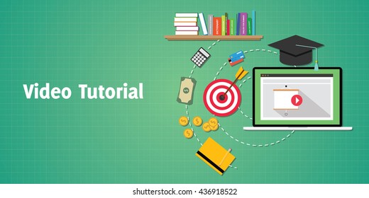 video tutorials concept with laptop video play and goals vector graphic illustration