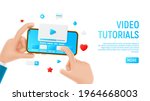 Video tutorials concept template. Mockup with cartoon hands, smartphone and icons. Template of smart phone in cartoon hand isolated on white background. Vector illustration mobile device concept.