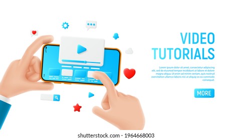 Video tutorials concept template. Mockup with cartoon hands, smartphone and icons. Template of smart phone in cartoon hand isolated on white background. Vector illustration mobile device concept.