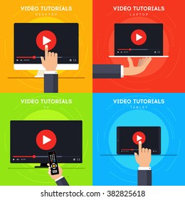 Video tutorials concepts. Online education on desktop, laptop, TV and tablet. Digital learning in cartoon style. Internet conference and webinar. Distance study by video course. Vector illustration