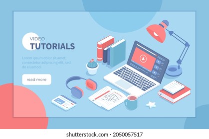 Video tutorials. Distance education E-learning. Online courses, lessons, webinars. Internet studying, training. Laptop with video on screen. Isometric vector illustration for banner, website.