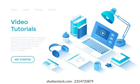 Video tutorials. Distance education E-learning. Online courses, lessons, webinars. Internet studying, training. Isometric illustration. Landing page template for web on white background.	
