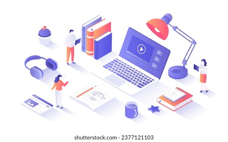 Video tutorials. Distance education E-learning. Online courses, lessons, webinars. Internet studying, training. Laptop with video on screen. Isometry illustration with people scene for web graphic.