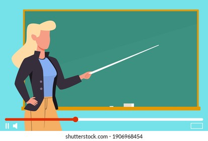 Video tutorials. Female teacher near blackboard on computer screen, internet lesson, webinar or lecture in virtual school or university, distance education vector flat cartoon online learning concept