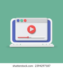 Video tutorials icon concept. Browser with Video player on Laptop screen. Conference and webinar. 3d vector