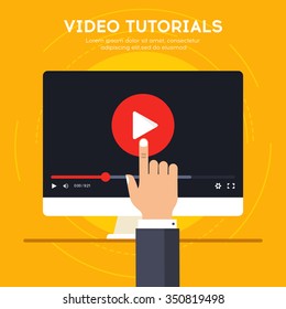 Video tutorials icon concept. Study and learning background, distance education and knowledge growth. Video conference and webinar icon, internet and video services. Vector illustration in flat style