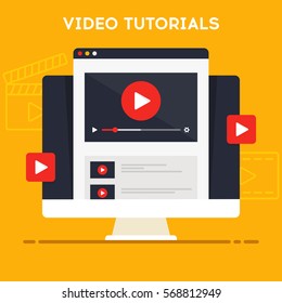 Video tutorials icon concept. Study and learning background, distance education and knowledge growth. Video conference and webinar icon, internet and video services. Vector illustration in flat style
