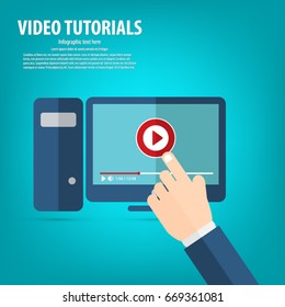 Video tutorials icon concept. Study and learning background, distance education. Video conference and webinar icon, internet and video services. Vector illustration