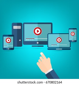 Video tutorials icon concept. Study and learning background, distance education. Video conference and webinar icon, internet and video services. Vector illustration