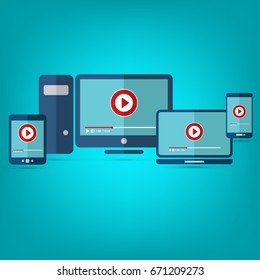 Video tutorials icon concept. Study and learning background, distance education. Video conference and webinar icon, internet and video services. Vector illustration