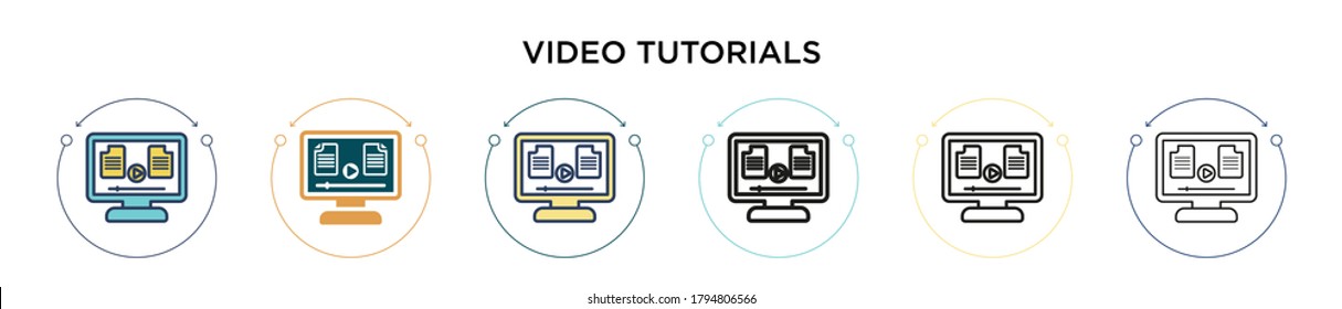 Video tutorials icon in filled, thin line, outline and stroke style. Vector illustration of two colored and black video tutorials vector icons designs can be used for mobile, ui, web
