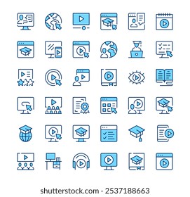 Video tutorials icons. Outline symbols. Vector blue line icons set