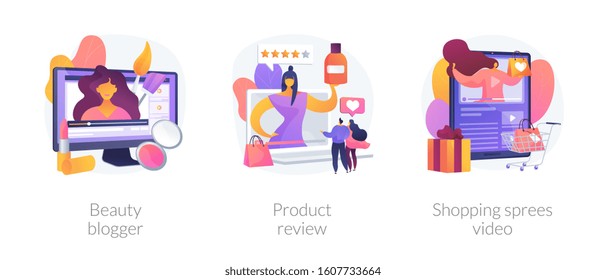 Video tutorials icons set. Influencer marketing, vlogger streaming. Beauty blogger, product review, shopping sprees video metaphors. Vector isolated concept metaphor illustrations.