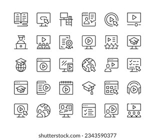 Video tutorials icons. Vector line icons set. Online learning, online education concepts. Black outline stroke symbols