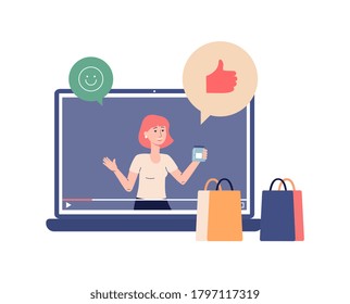 Video tutorials for internet content. Female vlogger doing shopping review on laptop screen. Video player with records online tutorial, likes and smiley face. Vector flat illustration