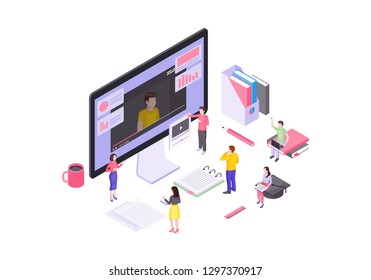 Video tutorials isometric vector illustration. E-learning. Online courses and education. Video streaming and hosting. Interactive training 3d concept. Content sharing, vlogging. Isolated clipart