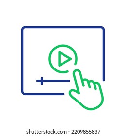 Video Tutorials Line Icon. Video Player with Mouse Pointer Linear Icon. E-learning and Online Education Sign. Distant Education and Online Webinar Pictogram. Editable stroke. Vector illustration.