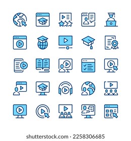 Iconos de línea de tutoriales de vídeo. Juego de iconos de tutoriales de vídeo. Color azul. Conjunto de iconos de línea de vector