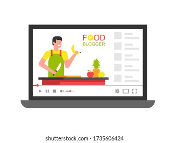 Video tutorials. Man Food blogger on video screen. Social media marketing. flat style. isolated on white background