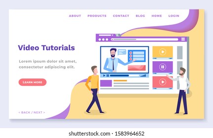 Video tutorials in network, get knowledge on internet course. Website for online learning through media. Two men stand near browser with opened educational web page. Vector illustration in flat style