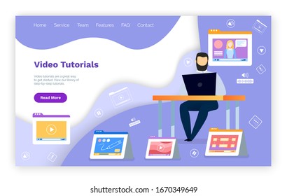 Video tutorials in network, website for online learning through media. People can get knowledge on internet course. Man study using laptop. Opened educational videos. Vector illustration in flat style