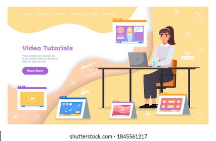 Video tutorials, online courses concept. Vector flat illustration for web, landing page template. E learning, distance business training. Woman sitting at a table with laptop studying webinar remotely