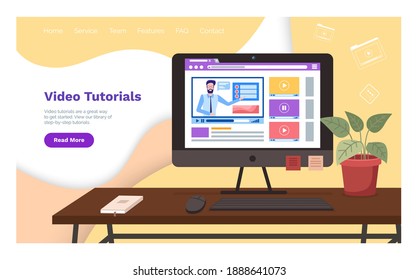 Video tutorials, online courses concept. Vector flat illustration for web, landing page template. E learning, distance business training. Computer monitor with man teacher who leads a webinar remotely