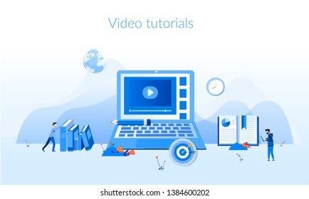 Video tutorials, online training courses, retraining, specialization, online education Concept for web page, banner, presentation, social media, documents, cards, posters. Vector illustration